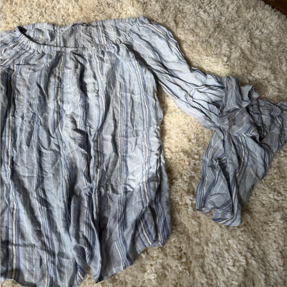 Fever Light Blue and White Striped Off-Shoulder Top bell sleeve spring blouse - Picture 2 of 4
